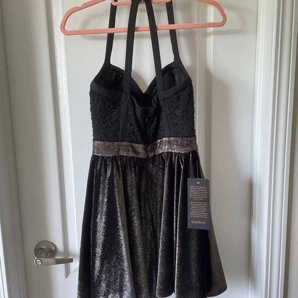 BEBE Black and Gold Lace Metallic Velour Dress US XXS - Picture 6 of 12